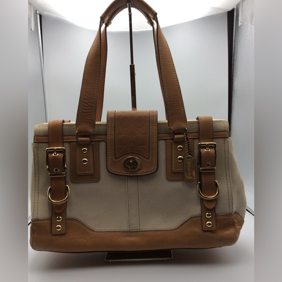 Coach Handbags - COACH HAMPTONS MIRANDA CANVAS EMBOSSED LEATHER LARGE CARRYALL TOTE BAG